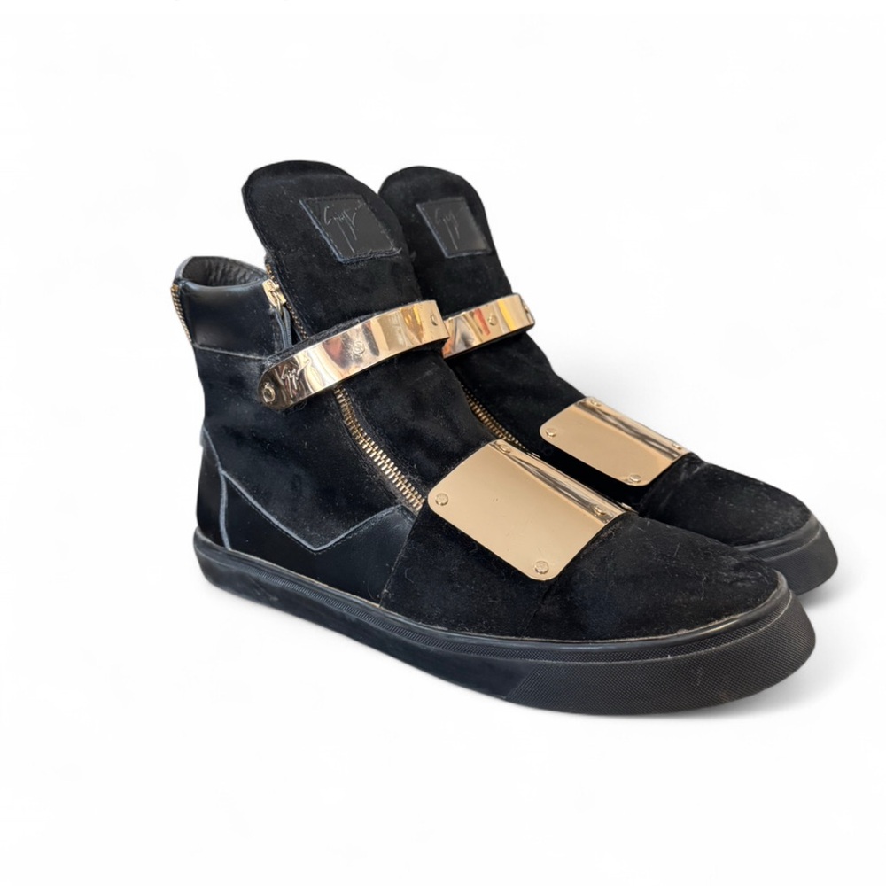 Giuseppe Zanotti designer sneakers high tops shoes straps zippers gold black 46